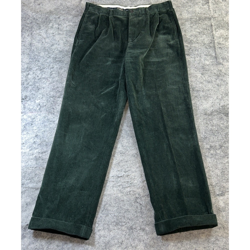 Vintage Brooks Brothers Elliot Corduroy Pants Men's 36x34 Green Pleated Cuffed